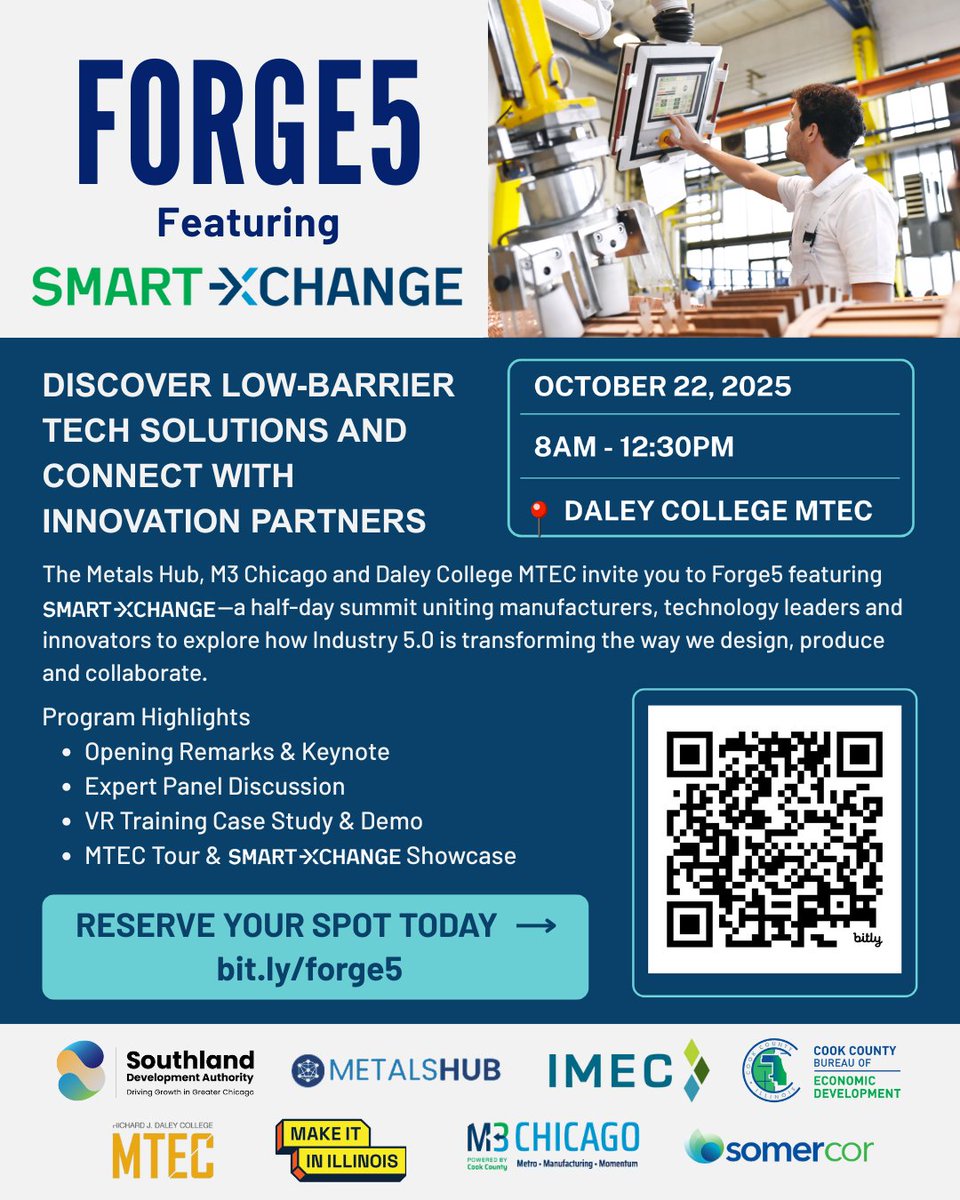 Join the Cook County Bureau of Economic Development this Wednesday, Oct. 22, at Forge5 featuring Smart Xchange.
We'll explore the future of manufacturing, including how Industry 5.0 is transforming design, production and collaboration.
Register today: bit.ly/forge5