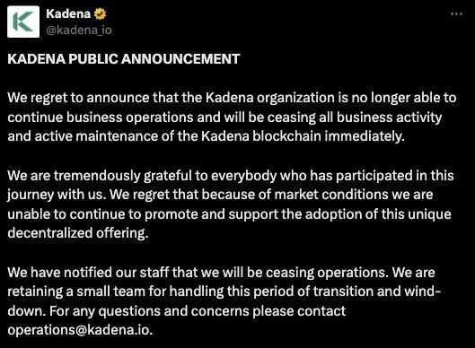 Kadena ( $KDA ) ferme ses activités et arrête la maintenance de sa blockchain