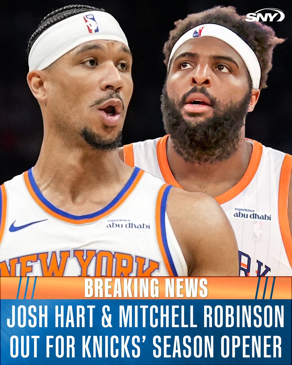 Josh Hart (lumbar spasms) and Mitchell Robinson (left ankle injury management) are OUT for tomorrow's season opener against the Cavaliers, @IanBegley reports 