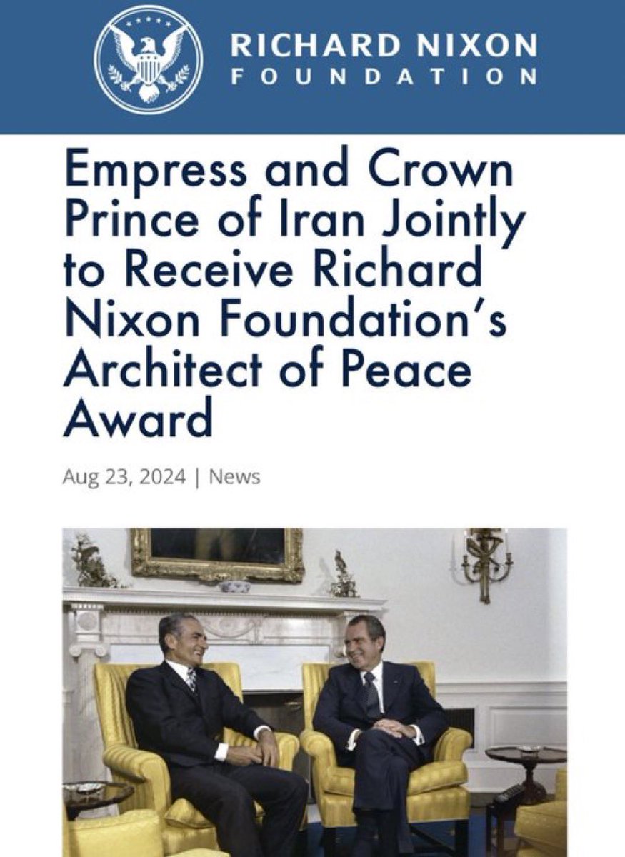 Restitutor_Iran's tweet image. The Architects of Peace awarded to @PahlaviReza & now @realDonaldTrump can further pave the way for historic & renewed ties between Iran & America.
The future can be bright once the criminal Islamic Republic is brought down.
Thank you @nixonfoundation.