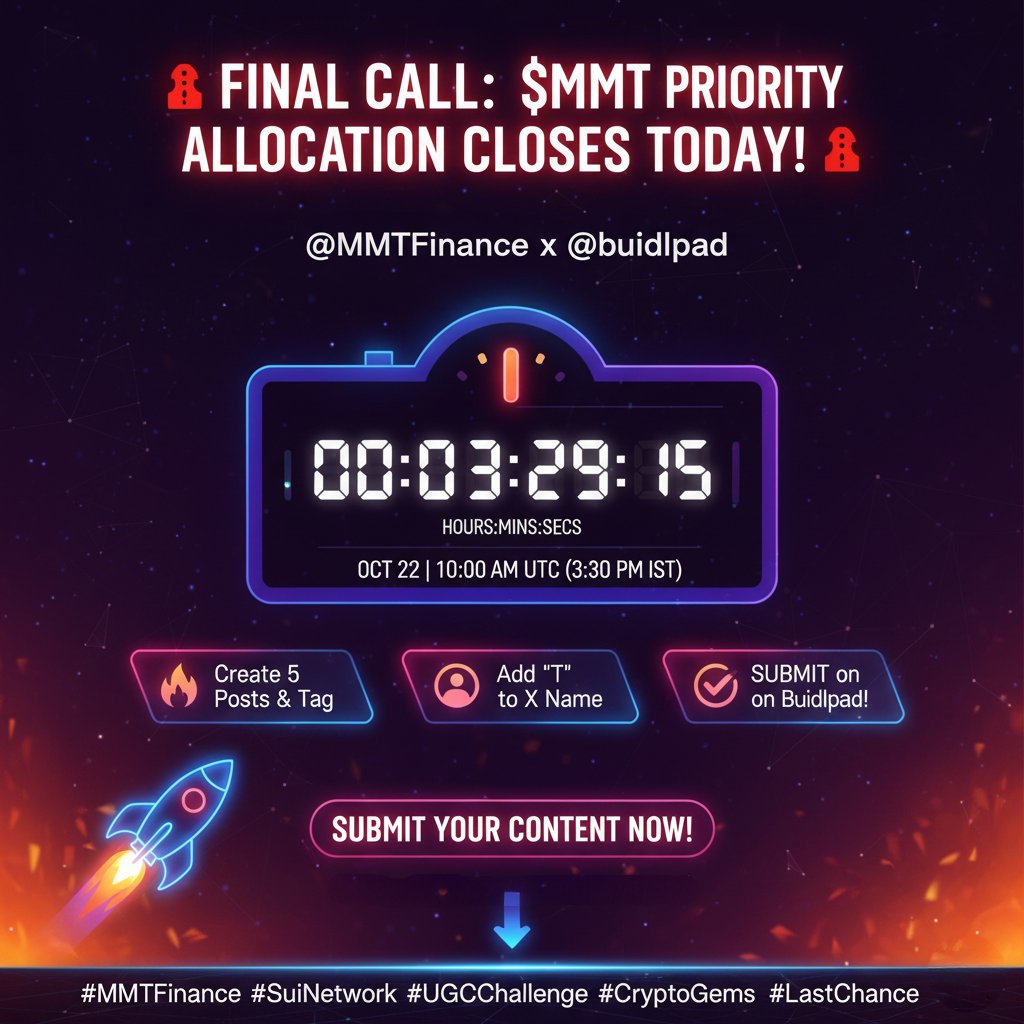 crypto_awesom's tweet image. 🚨 FINAL CALL: $MMT Priority Allocation CLOSES TODAY! 🚨
The @MMTFinance x @buidlpad UGC Challenge ENDS: ⏰ TODAY, OCT 22nd | 10:00 AM UTC (3:30 PM IST)

This is your LAST CHANCE to earn a GUARANTEED $150+ in $MMT – an allocation protected from dilution!

Don&apos;t miss this easy…