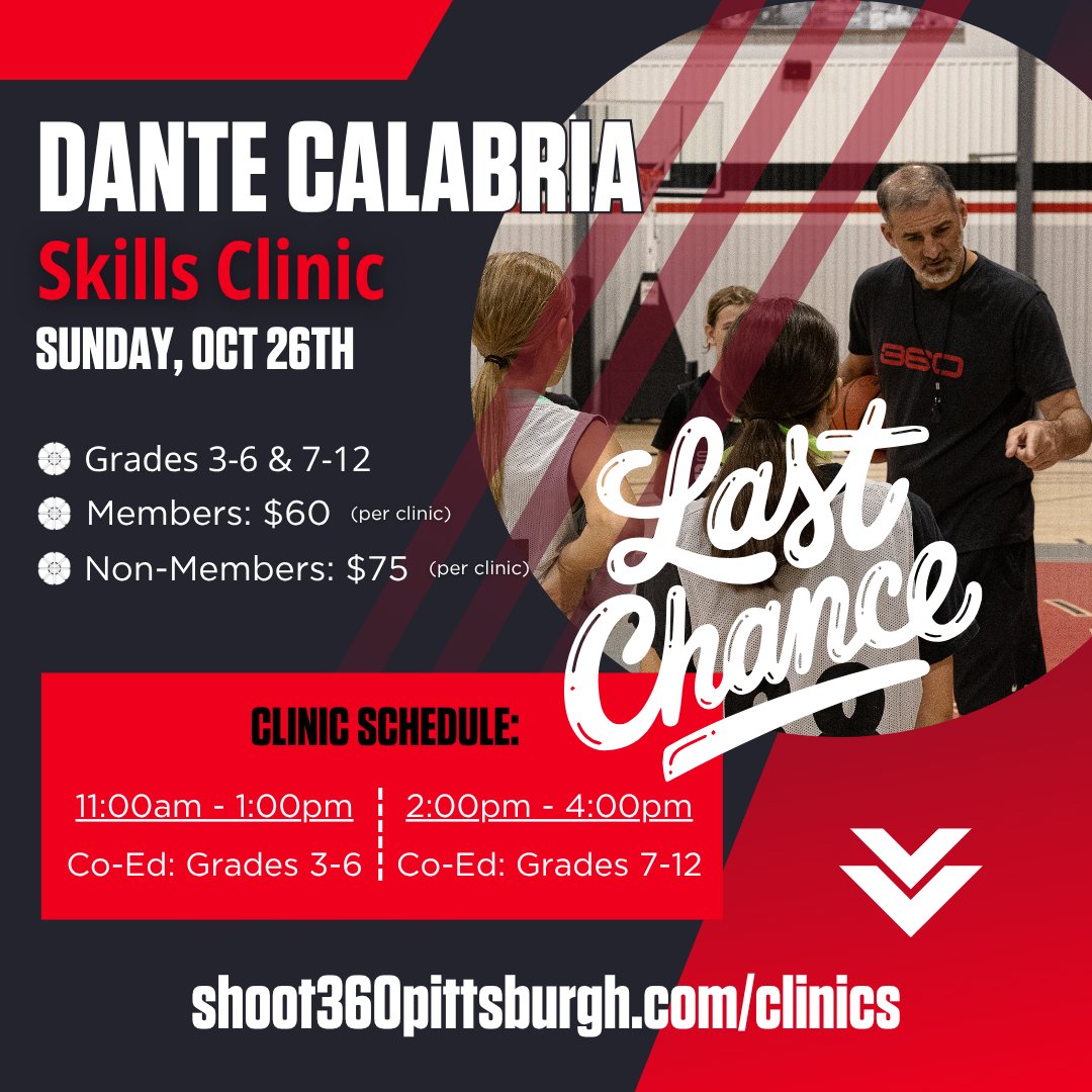 🔥 Final call! Only a few spots remain for the Dante Calabria Skills Clinic on October 26th. Register by Saturday night (10/25) to guarantee your place and train with one of Western PA’s best. Limited class size means spots won’t last!​

Sign up today: shoot360pittsburgh.com/clinics