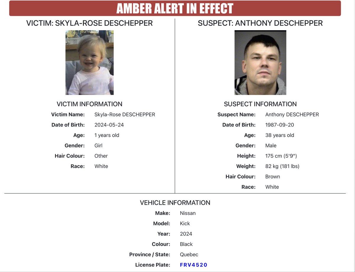 IWeatherON's tweet image. ⚠️ Ontario AMBER Alert Issued

An AMBER Alert has been issued at the request of Peel Regional Police for a missing 1-year-old girl.

Police are searching for Skyla-Rose Deschepper, described as a white female, 1 year old, with light hair. She was last seen in Brampton.

The…