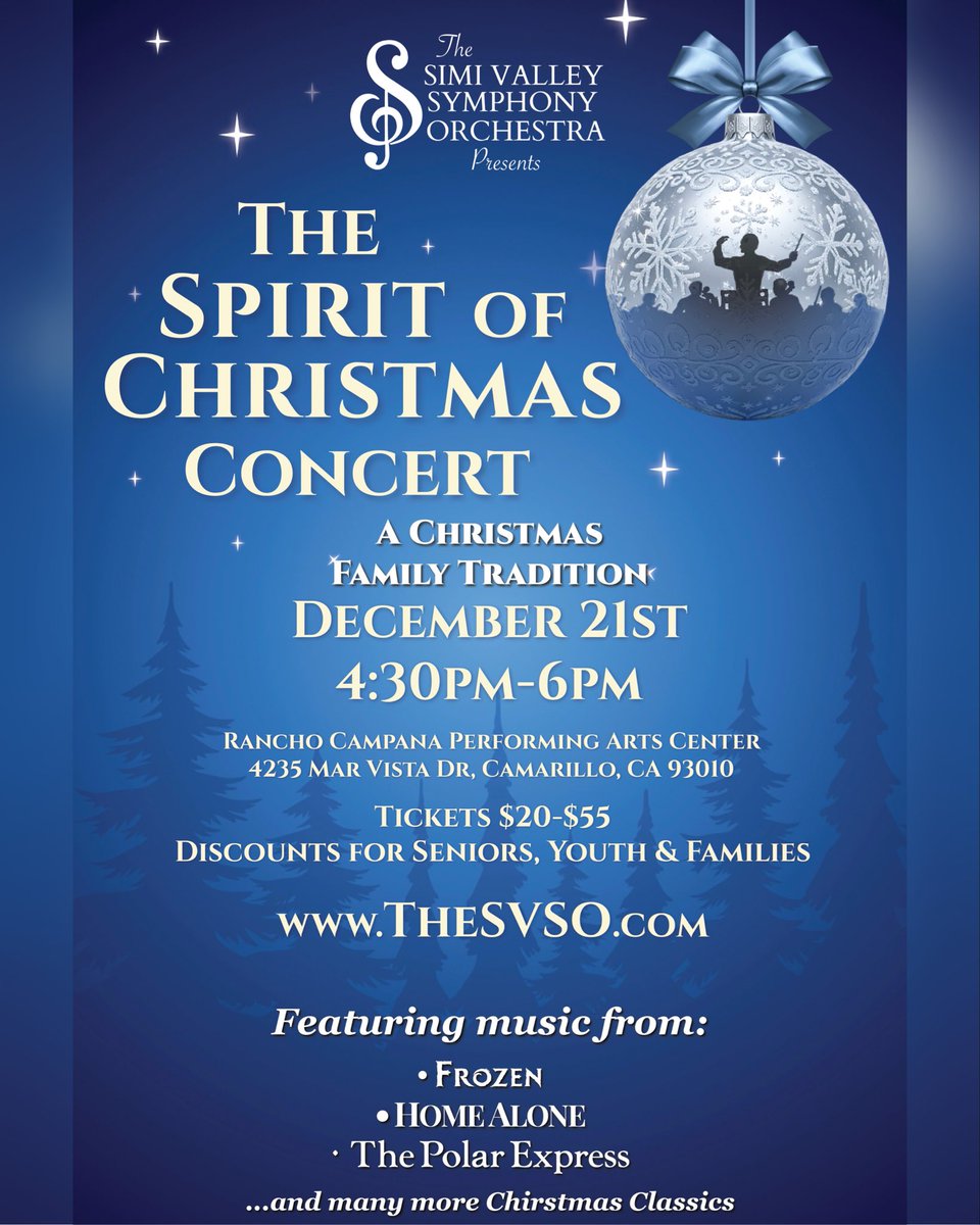 svorchestras's tweet image. ✨The Spirit of Christmas Concert✨
Tickets are now on sale! 🎟️

Join the Simi Valley Symphony Orchestra for an unforgettable concert featuring orchestral arrangements of your favorite Christmas music!

🎄Sunday, December 21
📍Rancho Campana Performing Arts Center, Camarillo