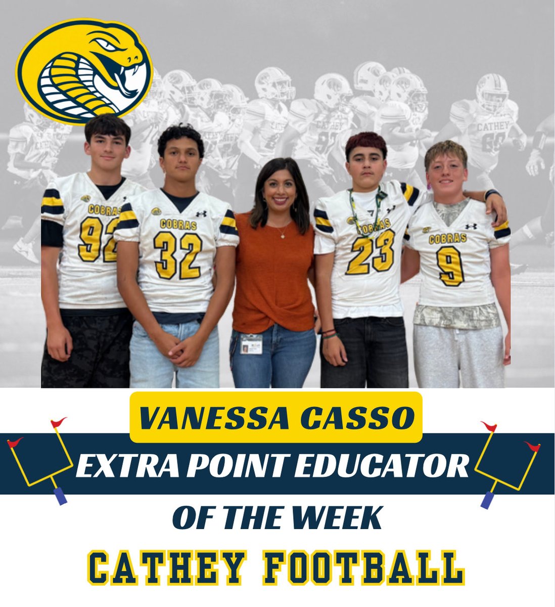 🔥📚EXTRA POINT EDUCATOR OF THE WEEK📚🔥

Ms. Casso brings the energy, passion &amp; commitment every day helping our Cobras stay prepared for success in the classroom AND on the field. 🐍💛💙 Big thanks for all you do! 🙌 #ALLIN.