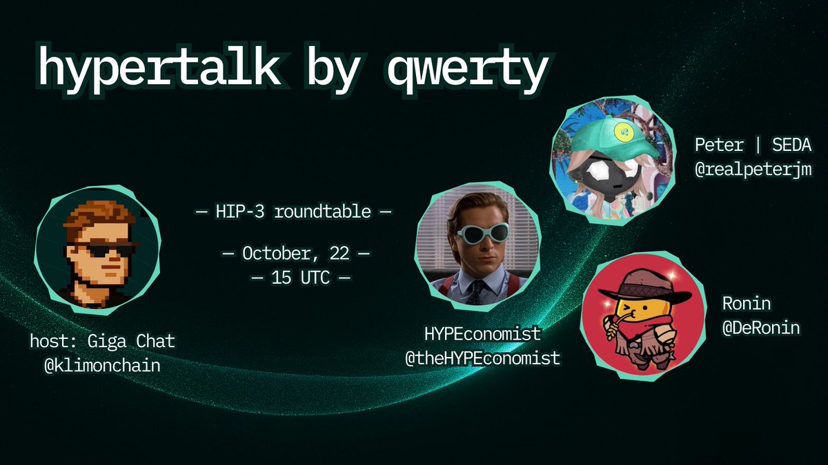 HIP-3 is about to make perps different - endless markets available for everyone.

Join the hypertalk with <a href="/theHYPEconomist/">HYPEconomist</a>, <a href="/DeRonin_/">Ronin Ⓜ️Ⓜ️T</a>, <a href="/realpeterjm/">realpeter.hl</a>, hosted by <a href="/klimonchain/">Dmitry</a>

We’ll cover: Who, What, When, Where, Why, and How HIP-3 Brings Derivatives Markets Onchain.

Tune in.