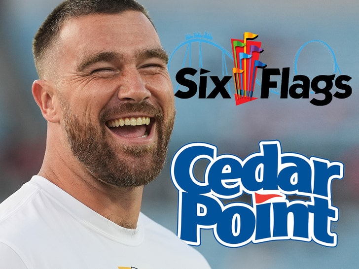 TMZ's tweet image. Travis Kelce announces he invested in Six Flags saying it was an opportunity he had to pounce on due to his family's countless trips to Cedar Point amusement park in Ohio growing up. tmz.me/MnSu6ym
