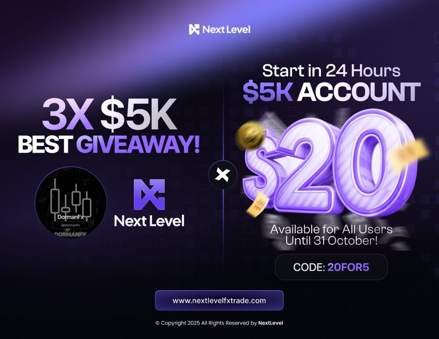 3 x $5k Account giveaway with <a href="/next_level_prop/">Next Level FX Prop</a> 🔥🎁 

To Enter, You Must:

✅ Follow: <a href="/DormanFx/">DormanFx</a>, <a href="/next_level_prop/">Next Level FX Prop</a> 

✅ Like and Repost

✅ Tag 3 Friends

✅ Sign up on their website: checkout.nextlevelfxtrade.com/?ref=dorman1

Use the Code “Dorman20” for max discount 🔥

Winners in 72 hours 🏆