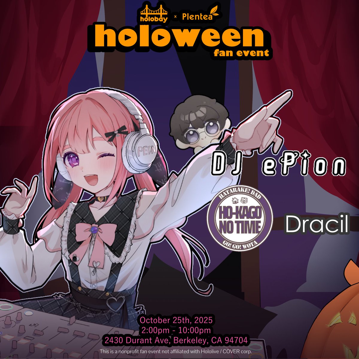 Guess what? Our Holoween event will have some late night Anikura!
<a href="/PeoniAstera/">Peoni</a>, <a href="/wgeneral_eric/">W-General (Eric)「恵陸」🐾💎🎼 (🔱🪶)</a>, and <a href="/dracil/">Dracil</a> will be supplying some fun and spooky Holo tracks for you guys alongside wotagei from <a href="/TeamSanFlare/">SanFlare</a>!

The music will be from 7:00pm - 9:00pm, so make sure not to miss it!