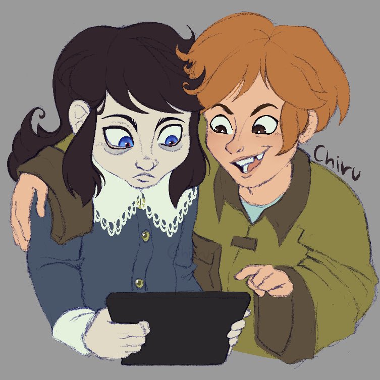 Chiru_art_'s tweet photo. She is teaching him what trolling and ragebait are #hauntedhotel #hauntedhotelfanart https://t.co/LzsPBQdcgq