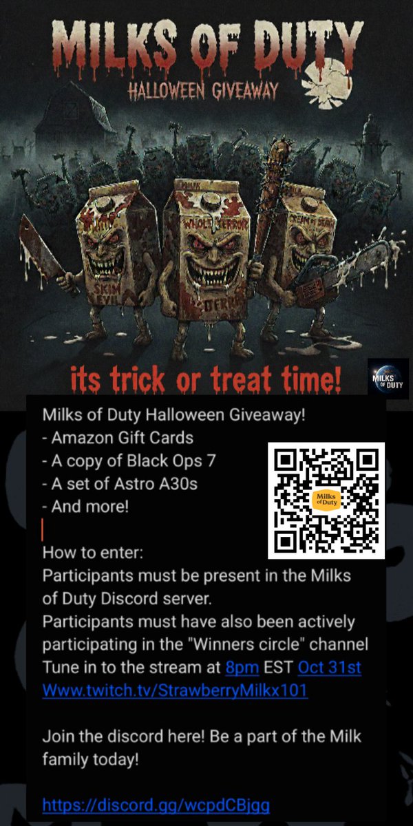 MilksofDuty's tweet image. We're celebrating Halloween with a casual giveaway (haha) 
- Amazon Gift Cards
- A copy of Black Ops 7
- A set of Astro A30s 
- And more!
If you're a casual player, you are welcome!
