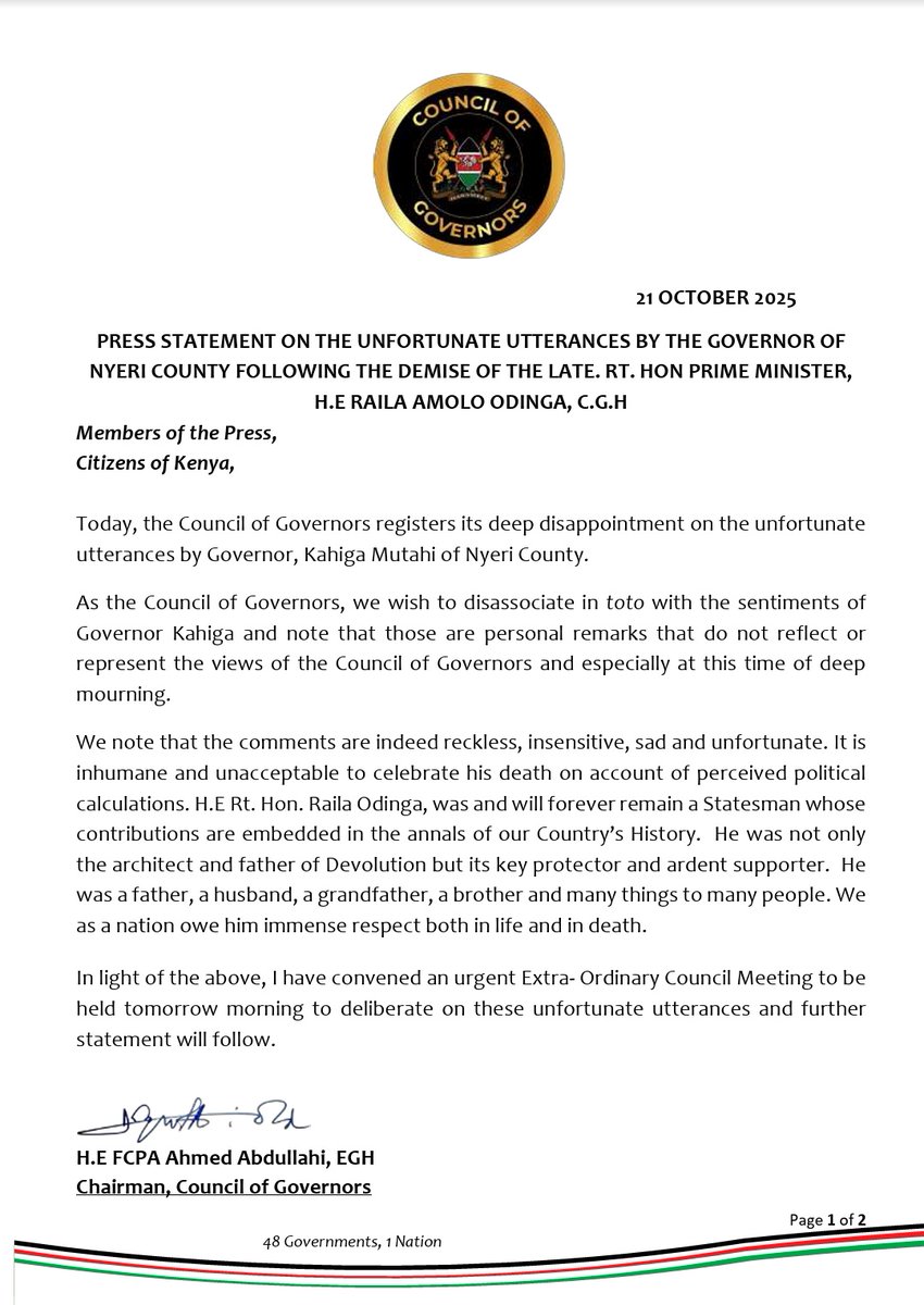 Council of Governors Press Statement on the unfortunate utterances by the Governor of Nyeri County following the demise of the Rt Hon. Prime Minister Raila Amolo Odinga, CGH.
