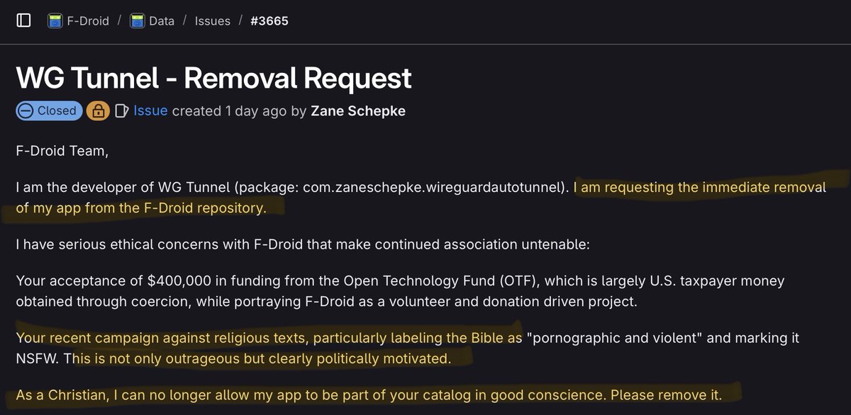 LundukeJournal's tweet image. The F-Droid “Bible is NSFW” story continues.
The developer of an open source Android VPN App (WG Tunnel), offended by F-Droid’s classification of Bible Apps as “pornography”, requested his App be removed from the F-Droid App Store.
An F-Droid developer responded by mocking…