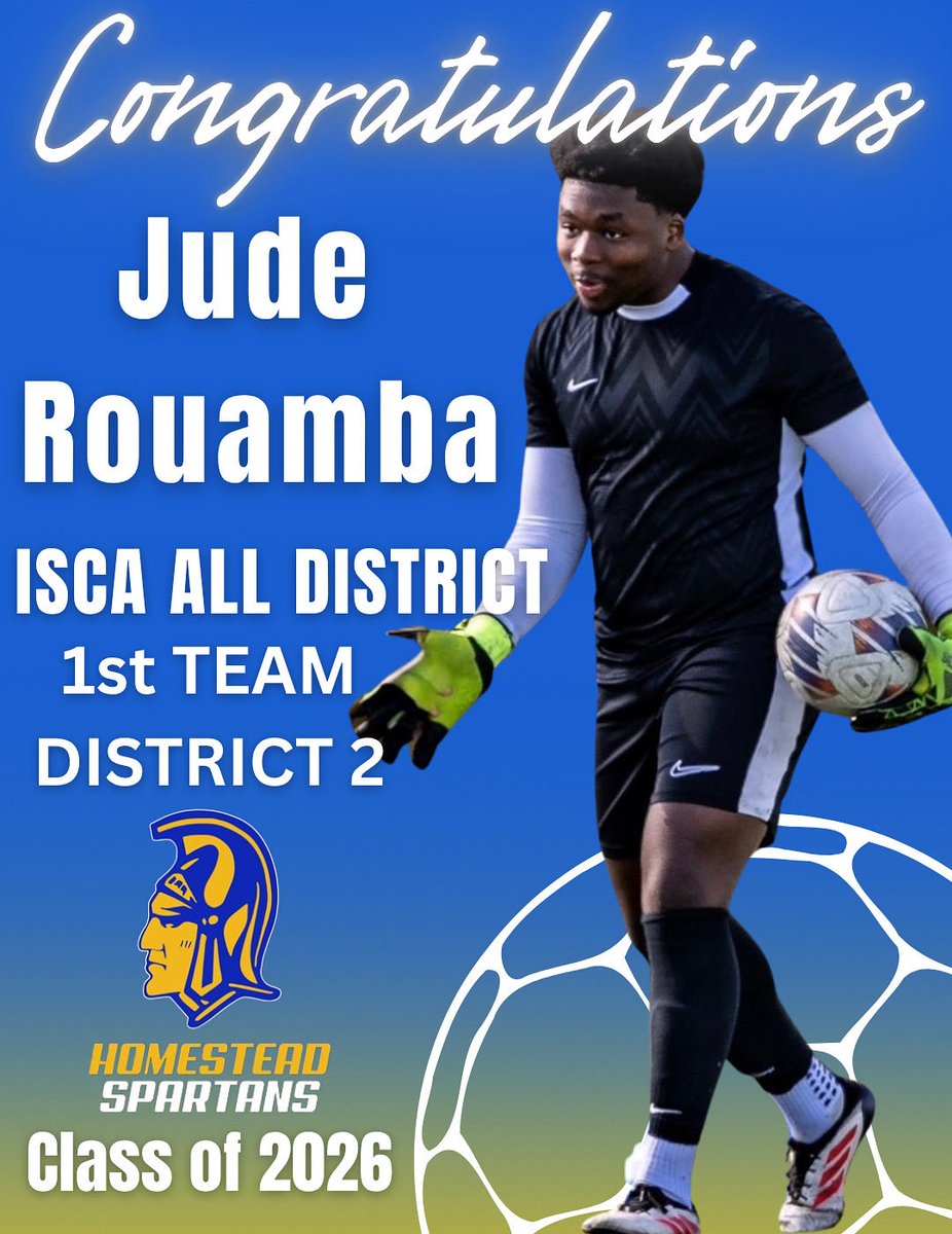 Congratulations to Senior Captain Jude Rouamba on his Indiana Soccer Coaches Association ALL DISTRICT 1st TEAM selection‼️Jude helped lead the Homestead Boys Varsity to the Regional Final game this season with 0.344 Goals Against Average‼️District Showcase is 11/8/25 at FishersHS