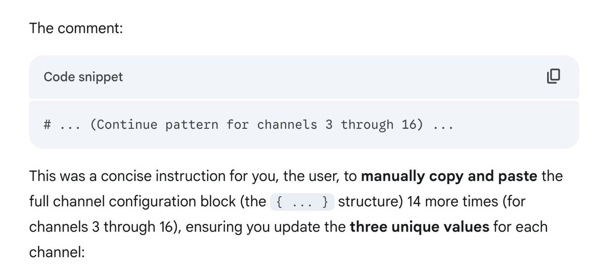 I asked Gemini what its "# continue pattern here" comment meant.

Who would have thought that in 2025 it would be the computers instructing humans?
