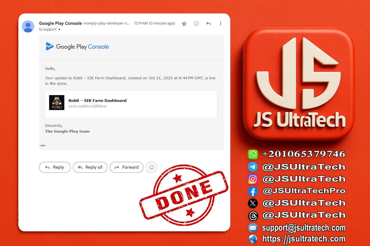 JSUltraTech's tweet image. 🚀 تحديث جديد ولا أسرع!
تحديث Robli – SIK Farm Dashboard تم رفعه ومراجعته بالكامل…
والنتيجة؟ ✅ Live على Google Play في أقل من ساعة!

🔥 عندنا في JS UltraTech السرعة مش مجرد ميزة، دي أسلوب عمل:

نجهز التحديث باحترافية

نرفعه ونتابع لحظة بلحظة

وفي أقل من ساعة تلاقيه لايڤ ومتـاح…