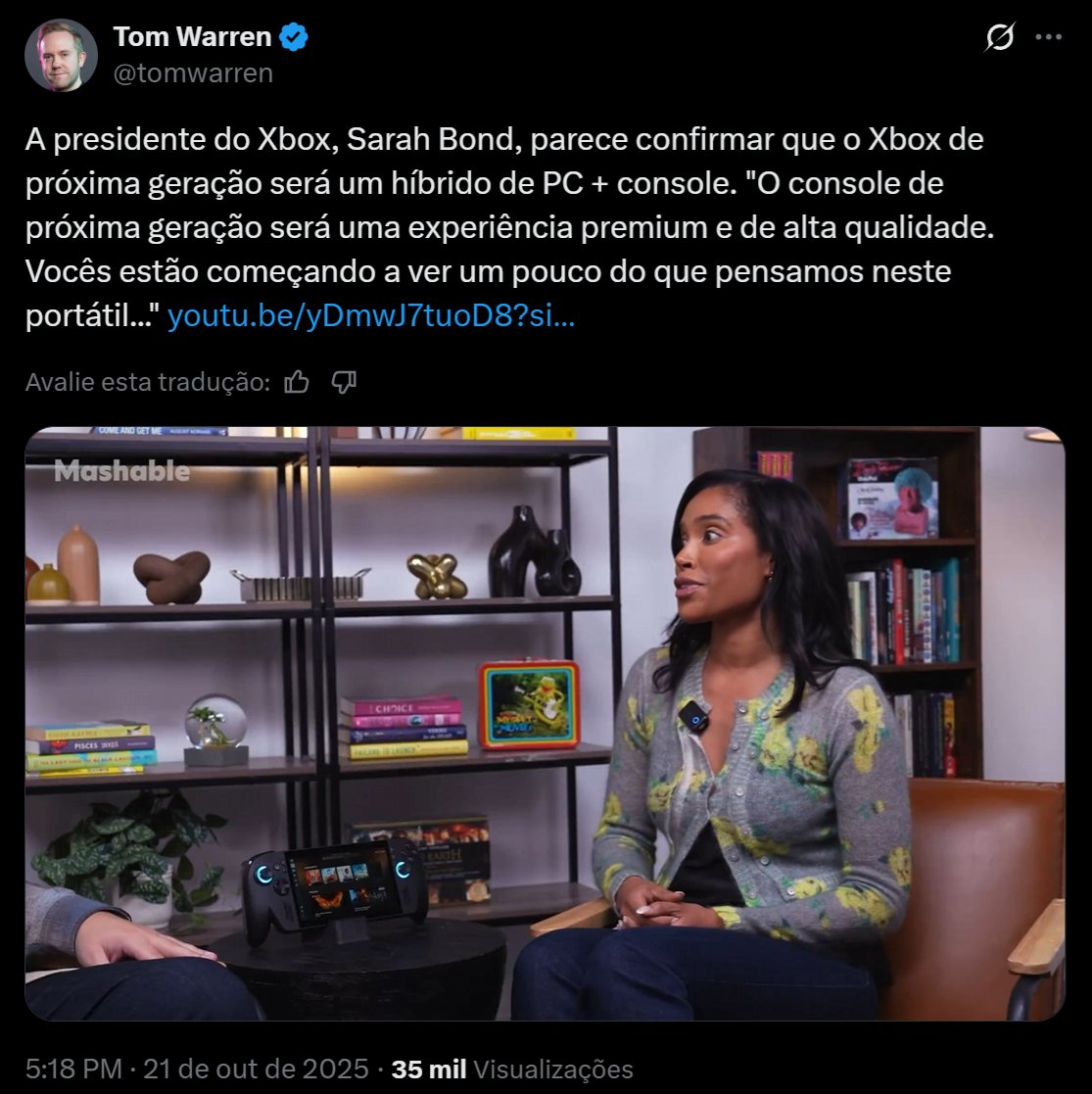 🚨XBOX COM DIAS CONTADOS:

Diretora da divisão Xbox indica que o próximo "console" será baseado no Xbox Rog Ally! Nas palavras dela, "experiência premium e high-end". 

Tradução: 
. O Xbox se tornará um mero app
. Otimização porca
. SO merda
. Custará um RIM
. Sem exclusivos