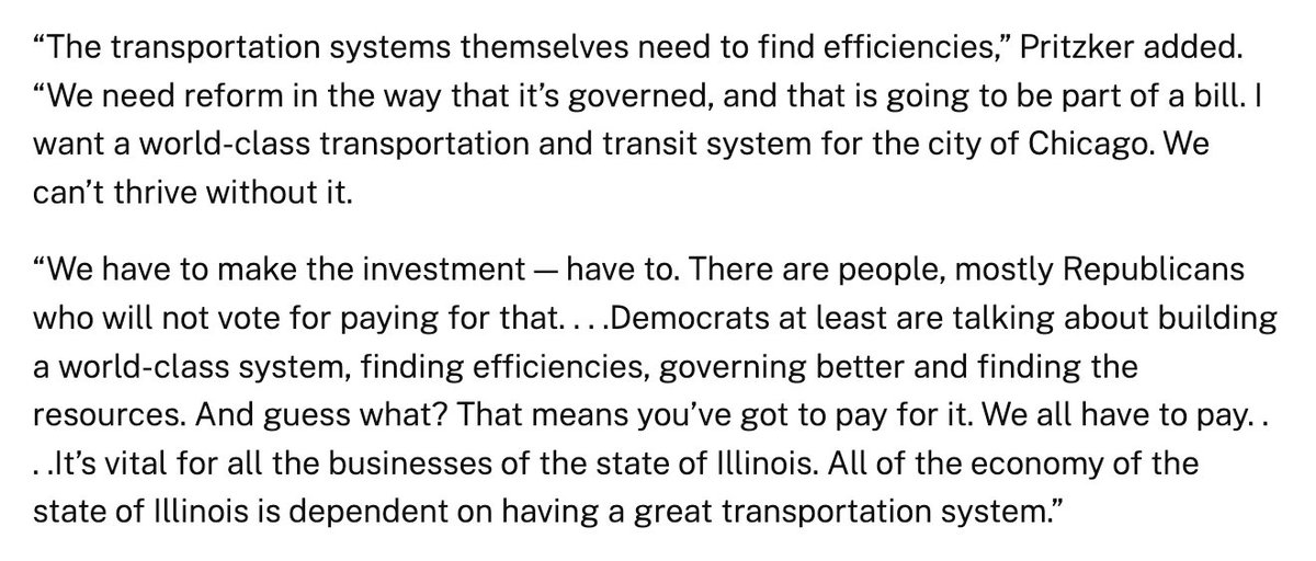 It's good that JB knows that when it comes to having a world class transit network, you get what you pay for. At the Economic Club of Chicago today he said, "All of the economy of the state of Illinois is dependent on having a great transportation system."
chicagobusiness.com/politics/pritz…