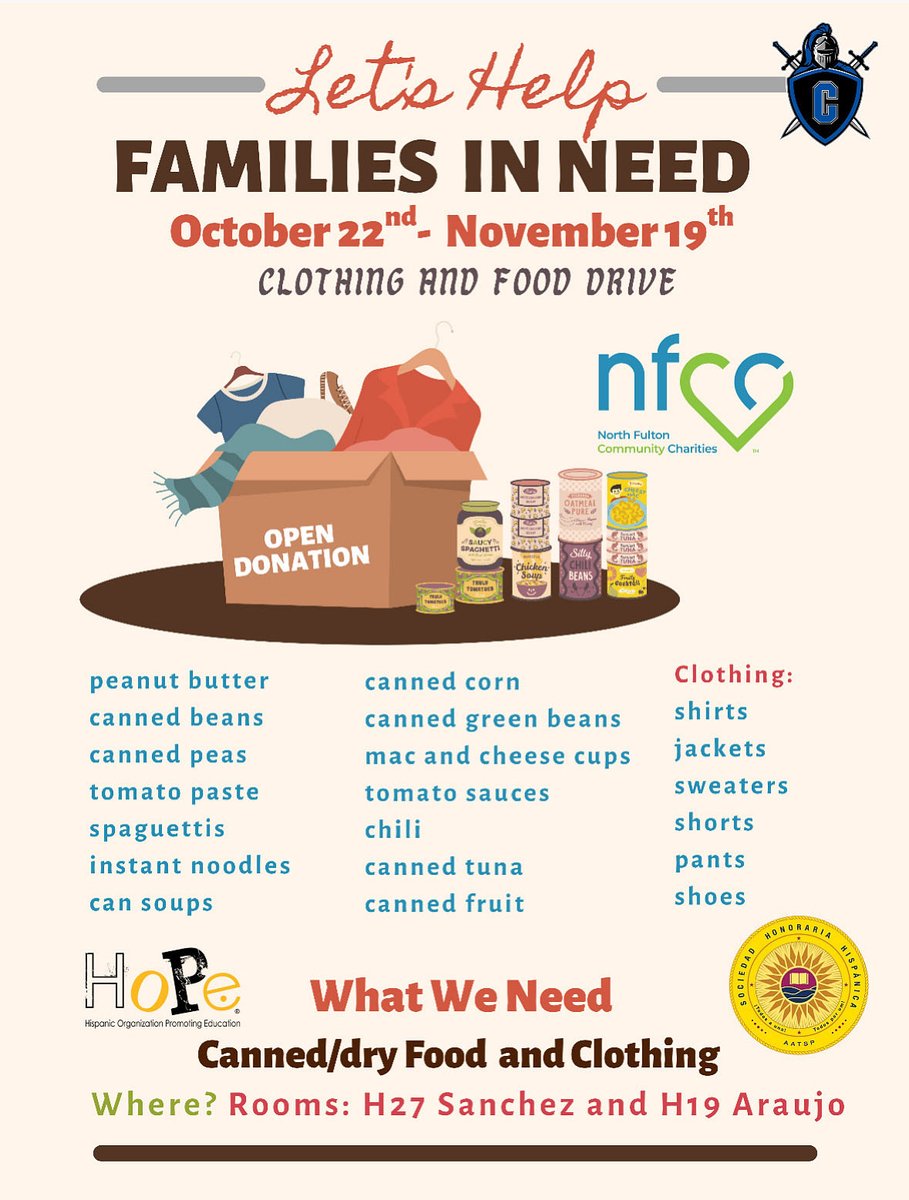 CHSWLanguage's tweet image. Because Uknighted we are stronger, the Spanish Honor Society and the HoPe club are proud to sponsor a food and clothing drive. All donated items will go to North Fulton Community Charity that provides vital support to many our local Hispanic community. Thank your for helping us!