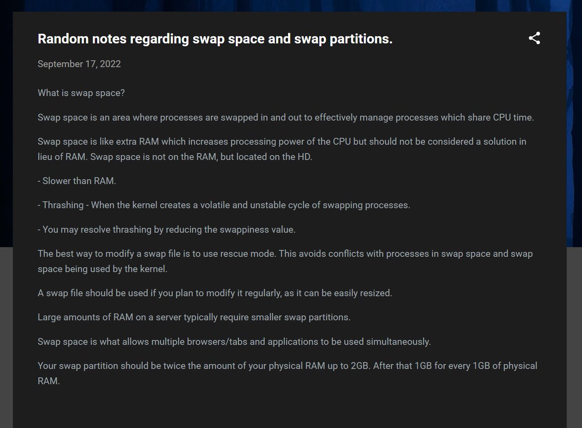 infosec_coder's tweet image. 💥 🛠️ Notes on Swap Space - Linux 🛠️ 💥
#100DaysofCode #infosec #linux #webdev #devops #devsecops #database
Random notes regarding swap space and swap partitions
coder1life.blogspot.com/2022/09/random…
❤️ tech life