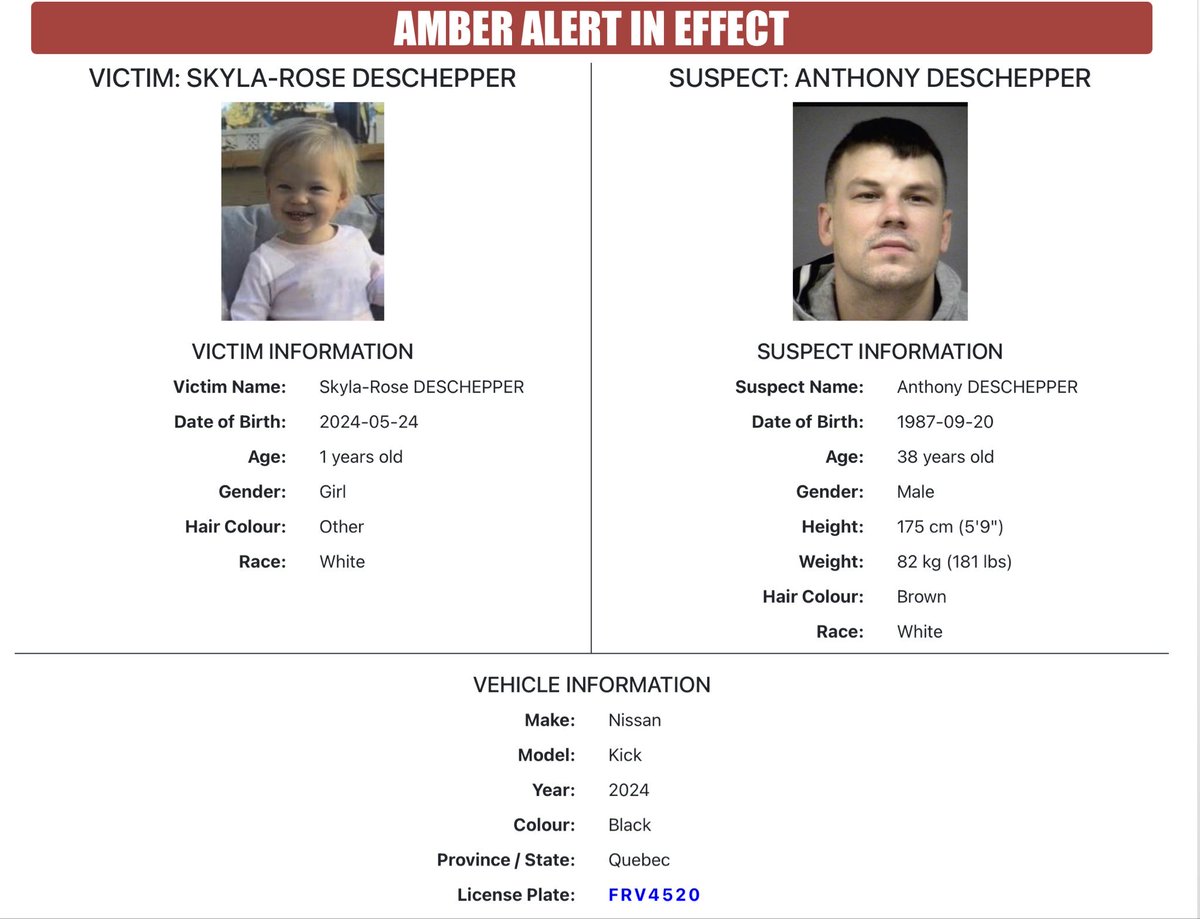 ALERTE AMBER EN VIGUEUR en Ontario 

Enfant recherchée : Skyla-Rose Deschepper

Âge : 1 an

Date de naissance : 24 mai 2024

Cheveux : autre

Race : blanche

⸻

Suspect recherché : Anthony Deschepper

Âge : 38 ans

Date de naissance : 20 septembre 1987

Taille : 175 cm (5’9’’)