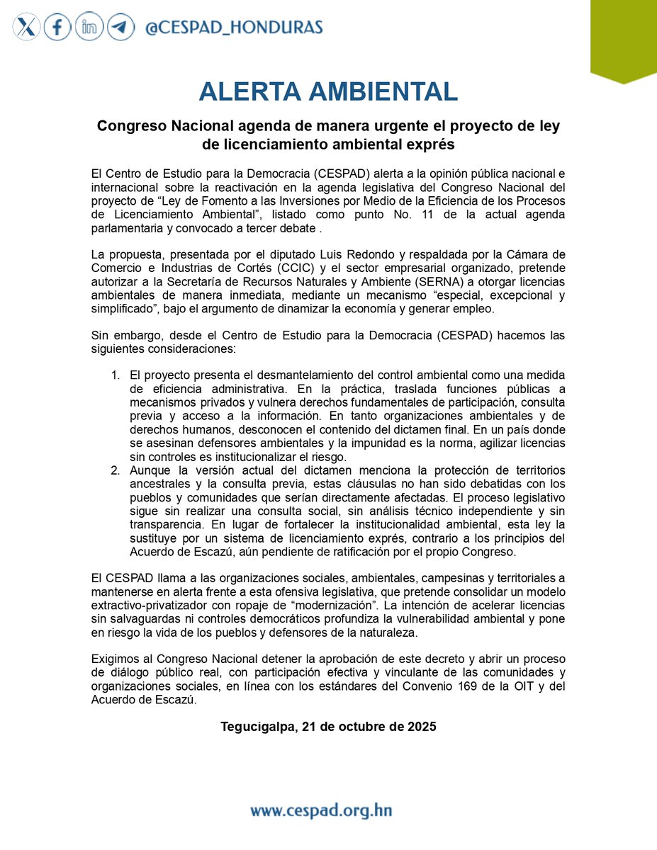ALERTA AMBIENTAL 

Congreso Nacional agenda de manera urgente el proyecto de ley de licenciamiento ambiental exprés.

Continúa leyendo: cespad.org.hn/alerta-ambient…