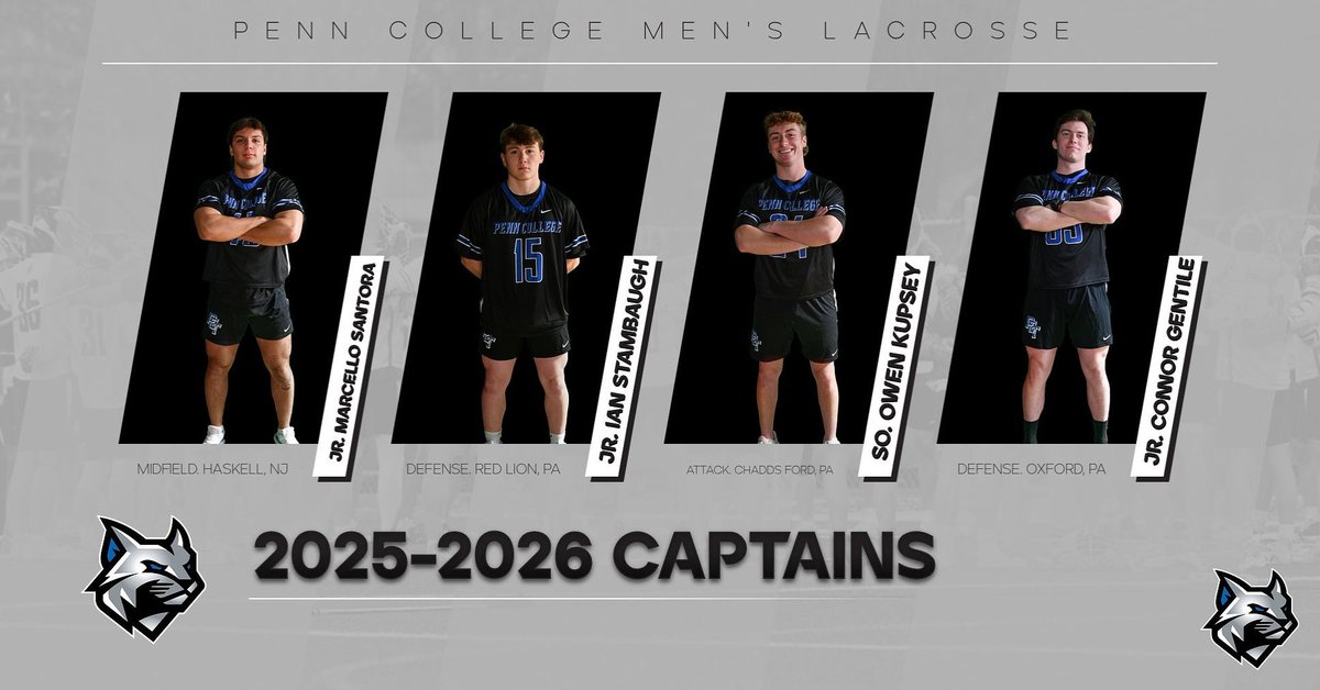 2025-2026 TEAM CAPTAINS.

#7 Marcello Santora, JR.  
#20 Ian Stambaugh, JR. 
#24 Owen Kupsey, SO. 
#88 Connor Gentile, JR. 

Voted on by their teammates to lead our group for this season as we see TEAM 6 reach new heights. 

#ItsCoolToCare
#WIN 
#NS