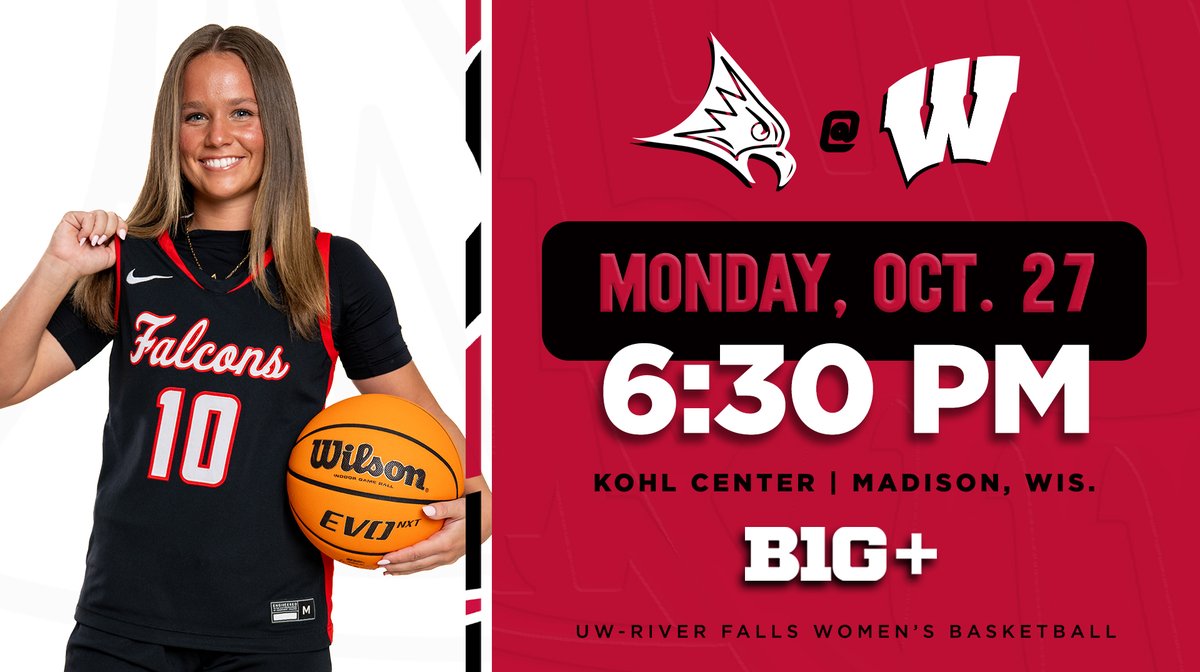 🏀 <a href="/UwrfWbb/">UWRF WBB</a> hits the big stage next Monday for an exhibition game versus the Badgers!

Join us for a pregame social from 4-6 pm at Nitty Gritty in Madison, or watch the game live on B1G+

🆚 Wisconsin Badgers
🗓️ Monday, Oct. 27
🕡 6:30 PM
📍 Madison, WI - Kohl Center