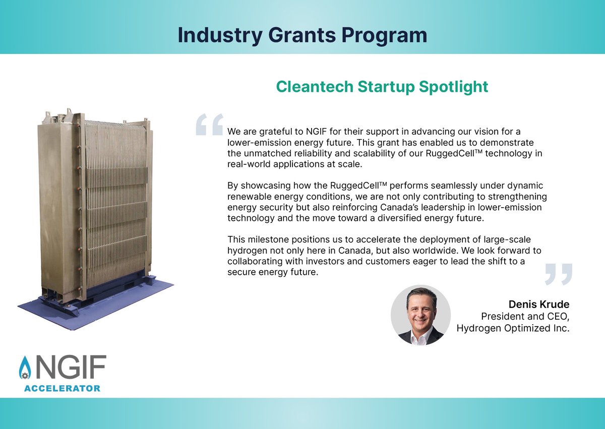 NGIFCapital's tweet image. #NGIFAccelerator is proud to share the successful demonstration of 
@h_optimized’s patented RuggedCell™ water electrolysis system, supported by a grant from the Industry Grants Program in 2021. The project validated the RuggedCell™ system’s performance with a variable supply of…