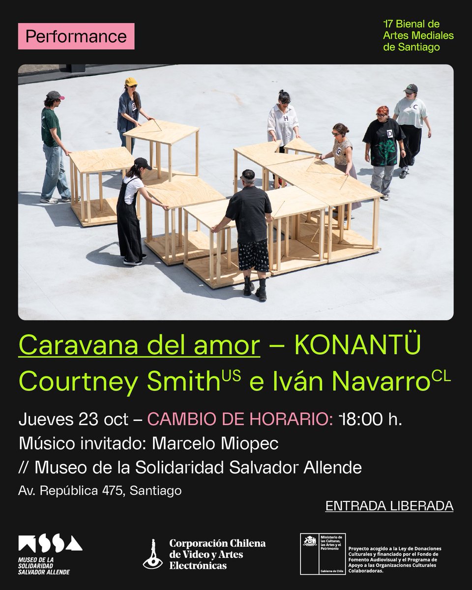 📅Este jueves 23 de octubre a las 18 h en el Museo de la Solidaridad Salvador Allende los artistas KONANTÜ , Courtney Smith e Iván Navarro estarán presentando la performance “Caravana del amor”.

🎟️​La entrada es liberada.