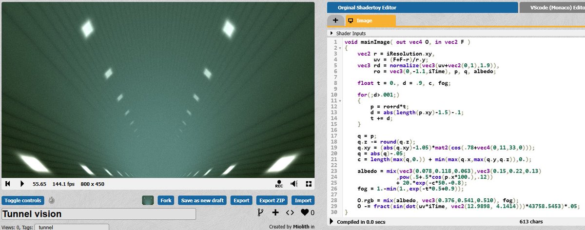 Miolith_'s tweet image. I'm trying that code golfing stuff (generating a 3d scene with the least characters possible).
It's a fun exercise but I still have a ton of progress to make 🥲