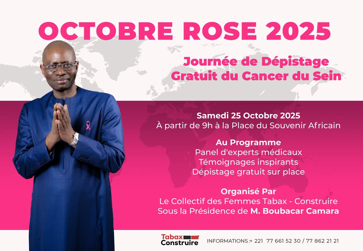 🧣Le samedi 25 octobre 2025, le Collectif des Femmes de Tabax Construire organise une journée de  #dépistage gratuit du #Cancer du sein