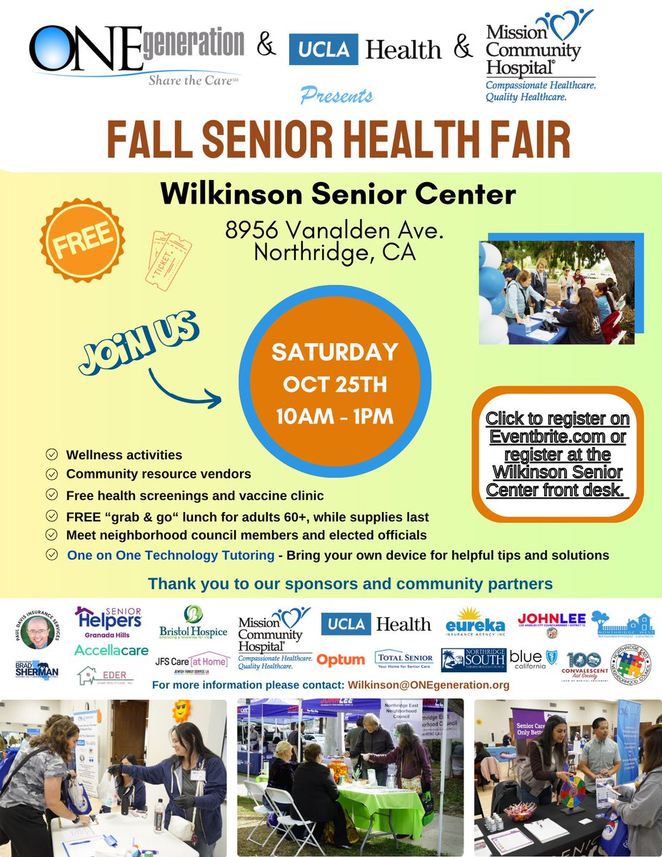 <a href="/ONEgenCares/">ONEgeneration</a> Wilkinson Senior Center will be hosting our 2nd annual Free Health Fair on Sat Oct. 25th 10am to 1pm at 8956 Vanalden Ave., Northridge, CA 91324.  See link with more event details including RSVP info, sponsors, vendors, and health screenings: conta.cc/4ozQ9zN