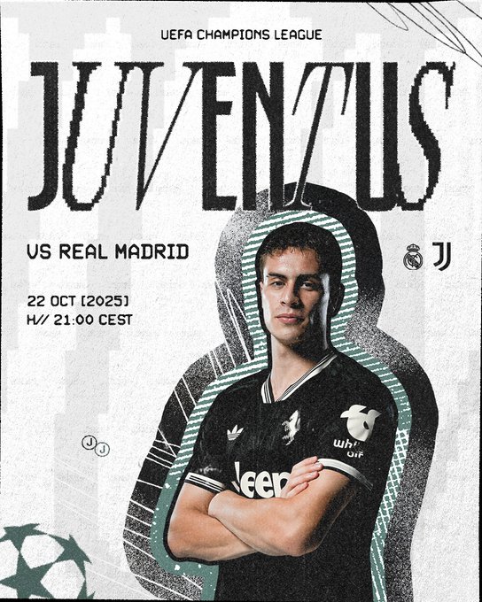 Graphic design with UEFA Champions League logo at top, bold text Juventus vs Real Madrid, date 22 Oct 21:00 CEST, home venue indicator, silhouette of young male player with short hair standing arms crossed wearing black and white Juventus jersey with Adidas and Jeep logos, white outlines and shadows, soccer ball icon at bottom.