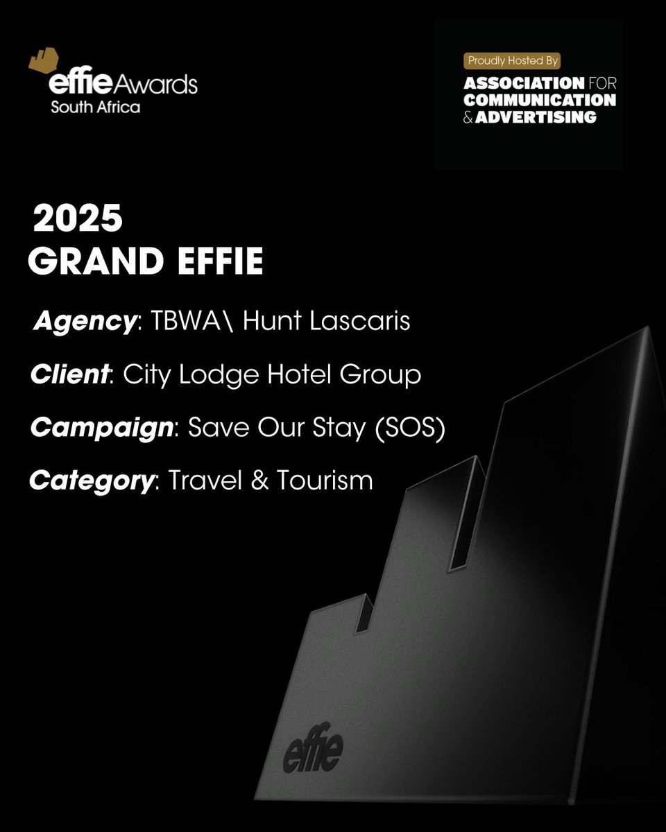 EffieAwardsSA's tweet photo. GRAND EFFIE WINNER 2025 🏆
Congratulations to @CityLodgeHotels  &amp; @TBWAHunts for ‘Save Our Stay (SOS)’ 
From humour-led storytelling to real business results — 2.1M impressions, R3.6M in media value, and 118.5M reach.
#EffieAwardsSA #GrandEffieWinner #MarketingThatWorks https://t.co/LKGwGfThYD