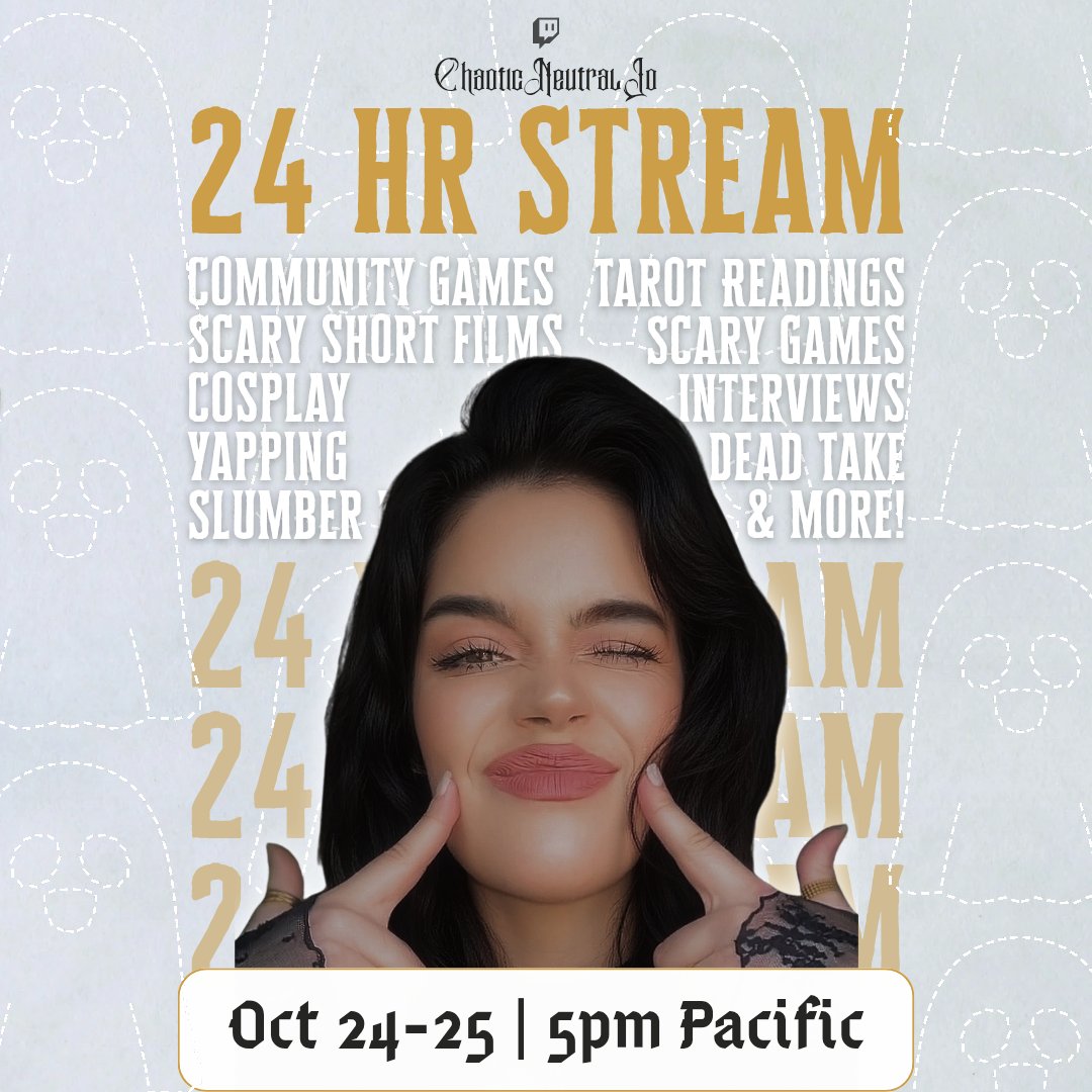 ChaoticNeutralJ's tweet photo. 24 HR Stream THIS Friday &amp; Saturday starting at 5pm Pacific!!! I know a stream this long should feel intimidating, foreboding even, but I'm low key stoked about it.

Who am I gonna see there for all the spoopy, scary shenanigans? https://t.co/nP3kCy8sp2