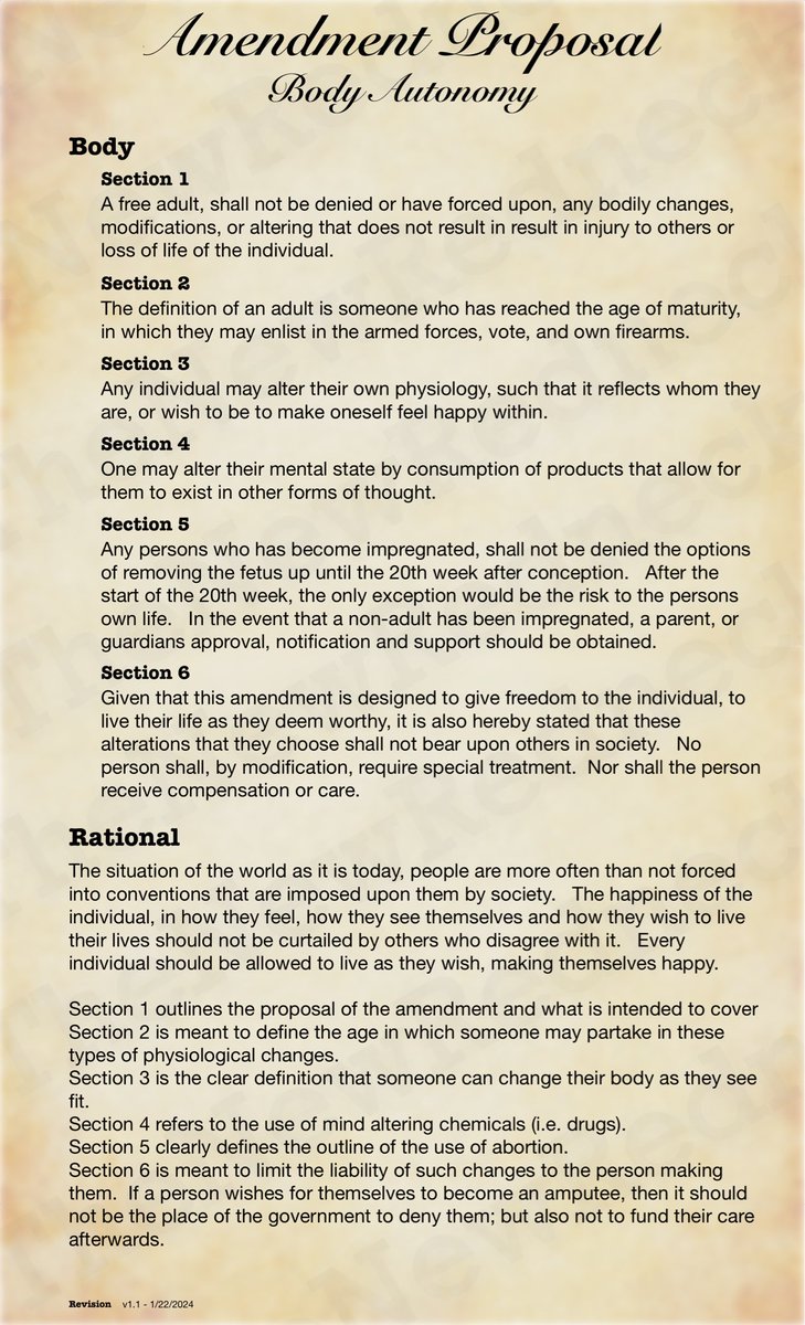 I have a whole bunch of these that I have written that I have been working on for years.   Possible amendments to the Constitution to bring it more up to date.   This one is about body autonomy, meaning that if you are an adult, of sound mind, your body is yours and should not be