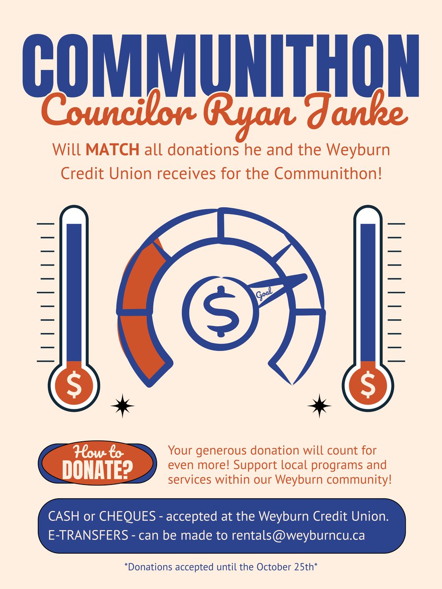 RyanWJanke's tweet photo. I’ll match any @Communithon donation made at Weyburn Credit Union — and Dr. Satre will do the same at Souris Family Dental! Support your community and our friendly rivalry! https://t.co/tA5yo2ZcCJ