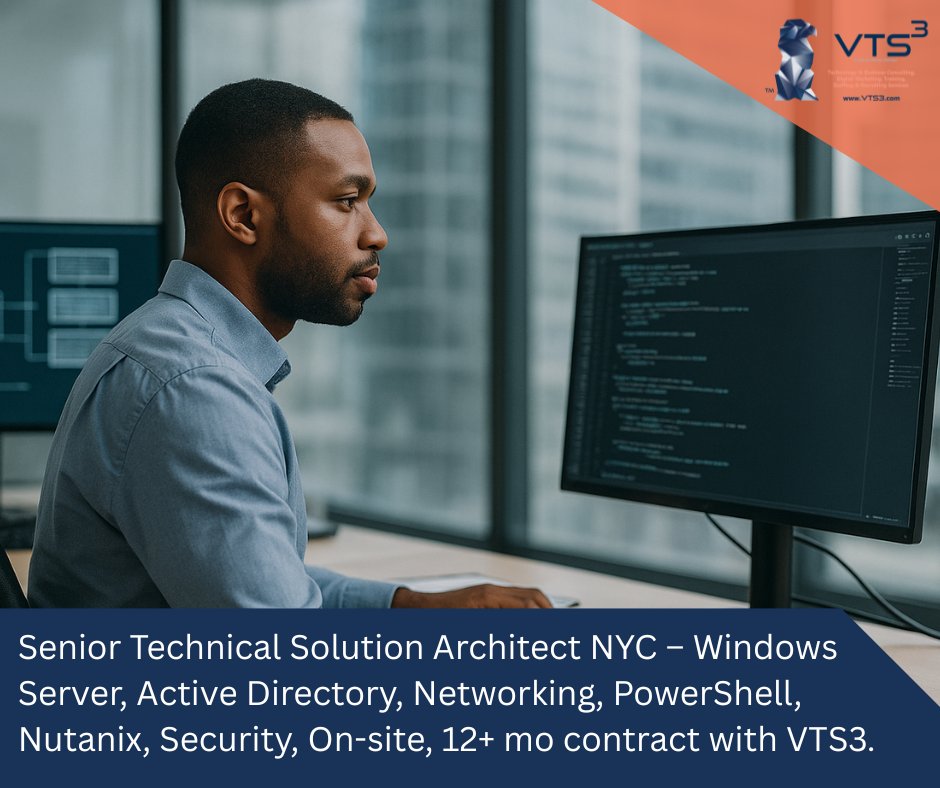 Senior Technical Solution Architect NYC – Windows Server, Active Directory, Networking, PowerShell, Nutanix, Security, On-site, 12+ mo. contract with VTS3
Apply Here: ow.ly/mFet50XfURo

#SeniorArchitectJobs #ITinfrastructure #systemarchitecturaldesign #darksiteengineering