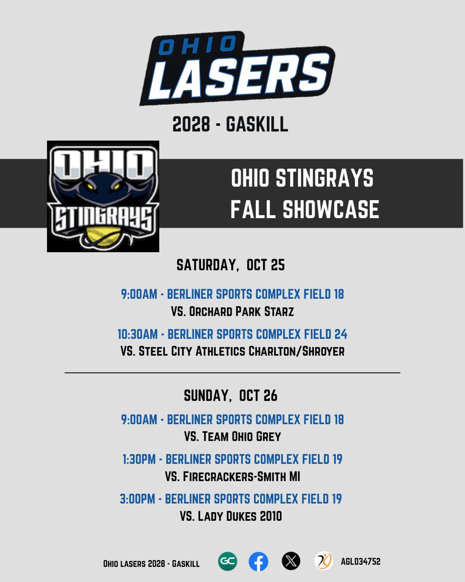 I am excited to showcase my skills this weekend in Columbus, OH <a href="/OHStingraysShow/">Ohio Stingrays Showcase</a>. Come out to support the <a href="/OhioLasersBlue/">Ohio Lasers 2028 - Gaskill</a> and be on the lookout for # 1️⃣

<a href="/CoachDot_LU/">Dot Richardson</a> <a href="/coachkfagan/">Kasey Fagan Graham</a> <a href="/JohniganSteve/">Steve Johnigan</a> <a href="/CoachDeOliveira/">☘️Irish Coach Boo!☘️</a> <a href="/Coach2K_OSU/">Kirin Kumar</a> <a href="/UGACoachTony/">Tony Baldwin</a> <a href="/UKCoachLawson/">Rachel Lawson</a> <a href="/cam_hutcherson/">campbell hutcherson</a>