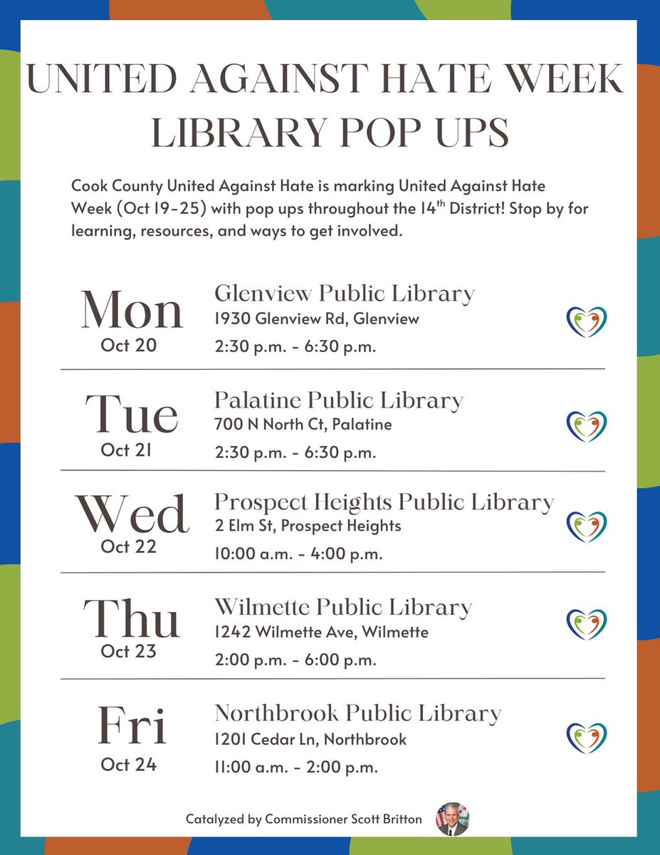 CookCtyHumanRts's tweet image. This week is United Against Hate Week in Cook County! @CmsrBritton is hosting pop-up events that invite community members to take the pledge and gather resources on how we can all stand together against hate. Stop by any of the locations listed to find out more! #CookCounty