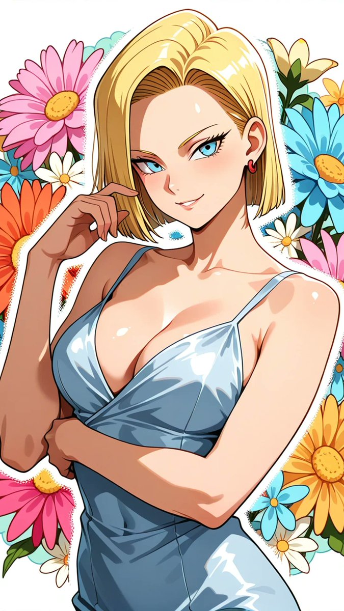 DaddyJimHQ's tweet image. Android 18 blooms in style! Feeling fabulous in this floral flair 🌼✨ #AIArt #Android18 #DragonBall #Anime #DaddyJim