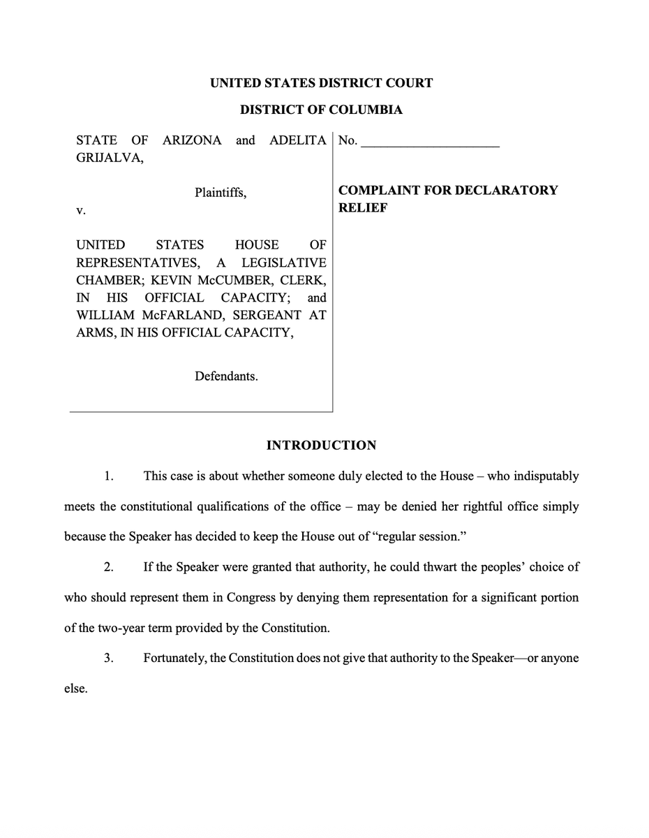 #BREAKING 

Via <a href="/abc15/">ABC15 Arizona</a>, AZ AG Kris Mayes (D) filed suit against the House of Reps, House Clerk and House Sgt. at Arms over failure to swear in Rep.-elect Adelita Grijalva (D).

Suit filed in DC federal court.

mcusercontent.com/cc1fad182b6d6f…

<a href="/scrippsnews/">Scripps News</a>