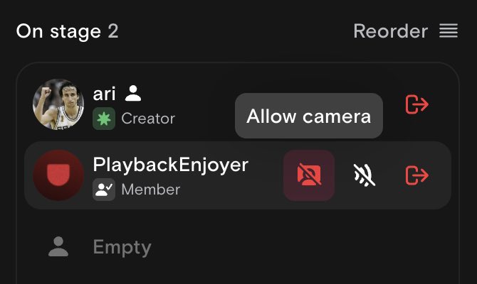 WatchPlayback's tweet photo. FEATURE UPDATE

Want to invite guests on stage but don't trust them enough to let them enable their camera?

Creators can now require guests to be granted cam permission AND "mute" any stage member's cam.

Perfect for audio-only call-in shows! https://t.co/i9x3RbrGNc