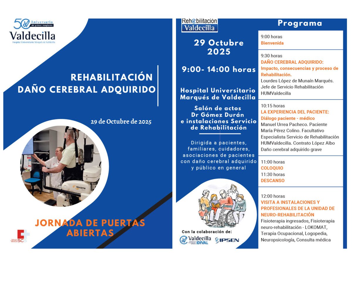 🗓️29 Octubre #JornadaPuertasAbiertas #Neurorehabilitación 👩‍🦽 #DañoCerebralAdquirido🧠
en <a href="/HUnivValdecilla/">Hospital Universitario Marqués de Valdecilla</a> dedicado 💙 a nuestros pacientes, familiares, asociaciones de pacientes y publico interesado, gracias <a href="/IDIVALdecilla/">IDIVAL</a> <a href="/FedaceC/">FEDACE Federación Española de Daño Cerebral</a> <a href="/SERMEF_es/">SERMEF</a> ¡Os esperamos!🫵
