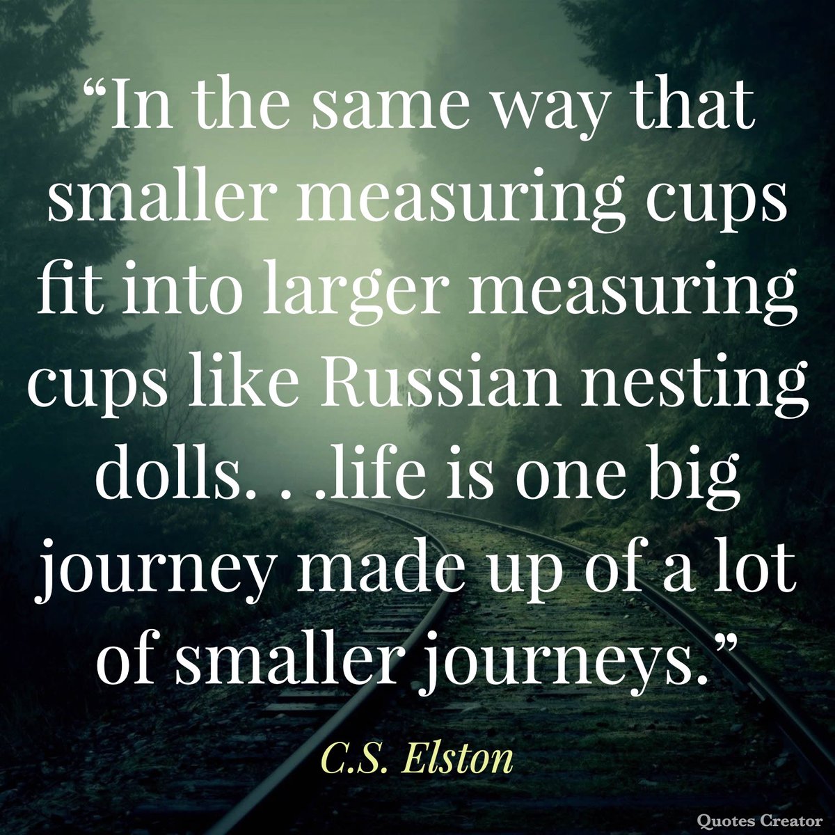 “In the same way that smaller measuring cups fit into larger measuring cups like Russian nesting dolls. . .life is one big journey made up of a lot of smaller journeys.” -- @CSElston, The Four Corners (<a href="/4CornersTrilogy/">The Four Corners</a>)

#Quote #Books #SaturdayVibes #Reading #Quotes