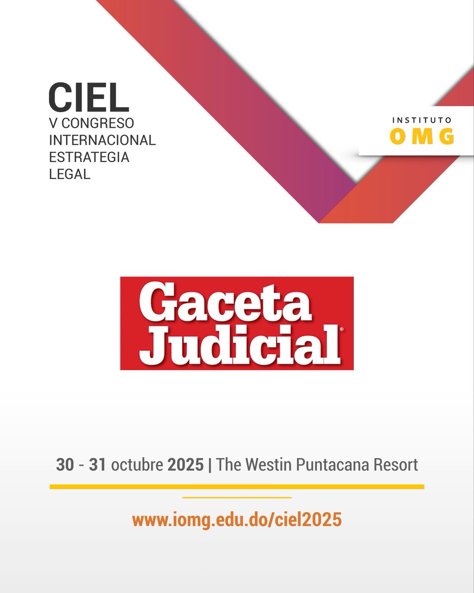 Nos complace anunciar que #CIEL2025 cuenta con la colaboración de <a href="/GacetaJudicial/">Gaceta Judicial</a>. ¡Gracias por apoyar la transformación de la estrategia legal a través del cumplimiento empresarial y la innovación tecnológica!

#CIEL #EstrategiaLegal #InstitutoOMG #IOMG #Derecho