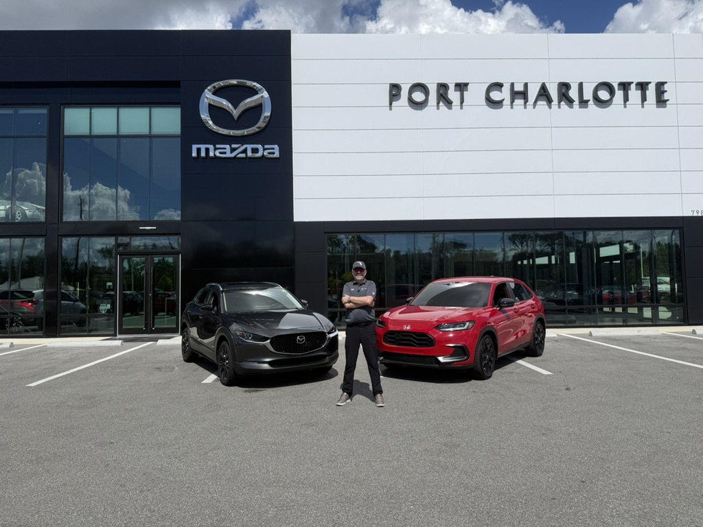 MazdaPortC's tweet photo. 🔥 2025 Mazda CX-30 vs. 2025 Honda HR-V 🔥

Sneak peek of our next podcast 🎙️ with GM Phil Evans — two subcompact SUVs go head-to-head on performance, handling &amp; real-world value.

Filmed at Mazda of Port Charlotte. Full episode drops soon!

#MazdaOfPortCharlotte #CX30 #HRV https://t.co/t4b08ST8gQ