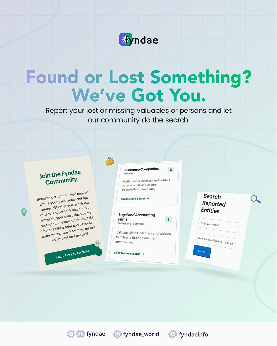 FyndaeInfo's tweet photo. Missing a valuable item? scammed? ghosted by a vendor after making payment? or searching for a person?
Submit a report on Fyndae and leverage our verified community network to support recovery and search efforts.

Visit https://t.co/rXqUSRNWCT to get started https://t.co/vJ1QxQa62g