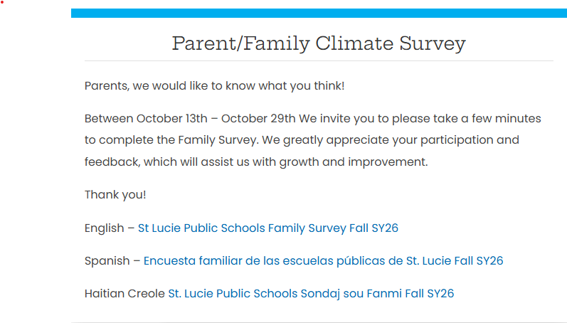 📢We want to hear from you!
The Family Survey is open now through October 29th. Please take a few minutes to share your feedback. Your input helps us grow and improve—thank you for being involved!
Complete Survey👉 bit.ly/4hmcs9r